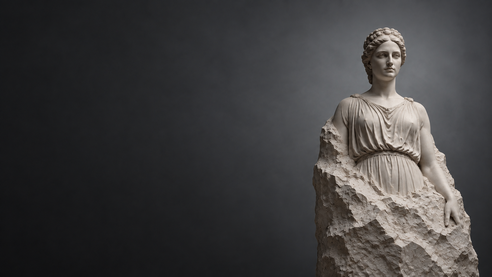 Classical marble figure emerging from an uncarved block of stone
